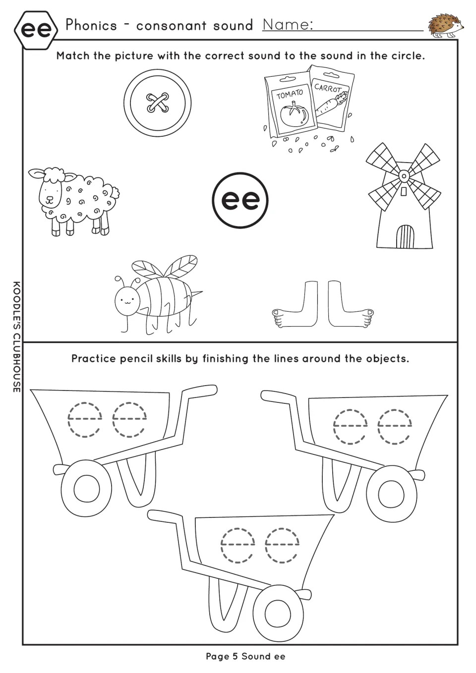 ee sound picture match: students link sheep, bee, seeds and feet to ee, then trace ee on three wheelbarrows