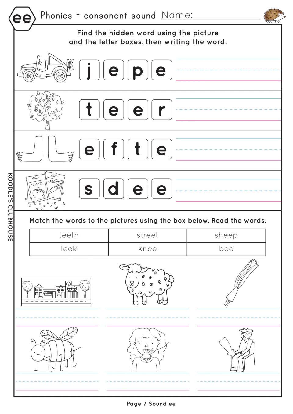 ee word unscramble: students build jeep, tree, feet and seed from letter tiles, then match teeth, knee and bee pictures