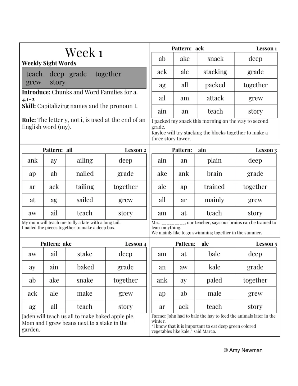 Week 1 phonics and dictation lessons: ack, ail, ain, ake, and ale patterns; sight words include teach and deep