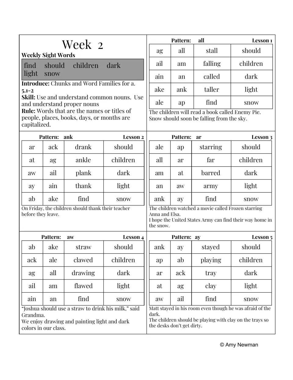 Week 2 phonics and dictation lessons: all, ank, ar, aw, and ay patterns, plus common and proper nouns
