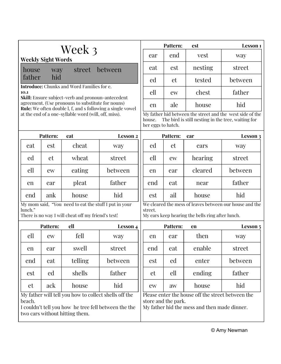 Week 3 phonics and dictation lessons: est, eat, ear, ell, and en patterns; sight words include house and way