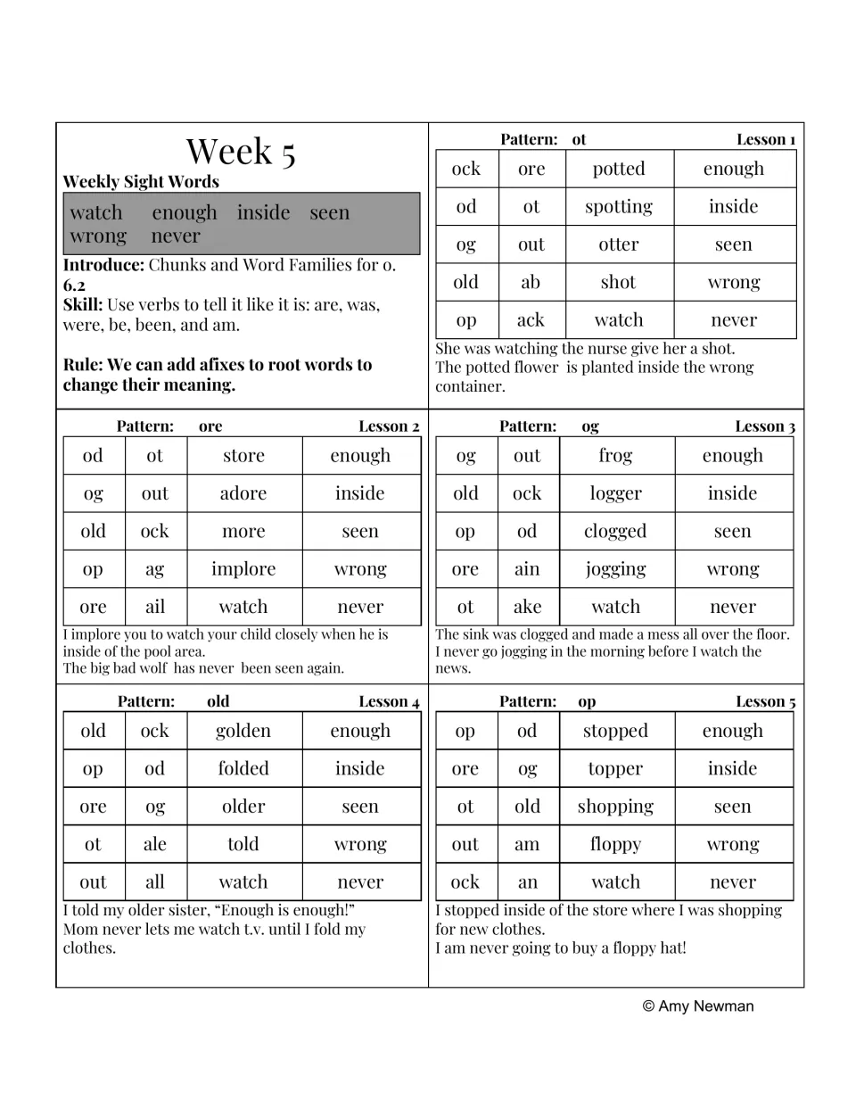 Week 5 phonics and dictation lessons: ot, ore, og, old, and op patterns, plus adding affixes to root words
