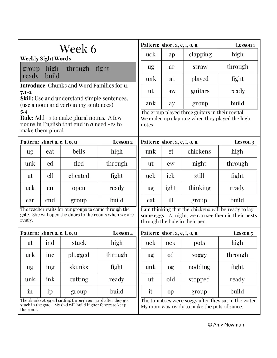 Week 6 phonics and dictation lessons: short-vowel review, simple sentences, and plural nouns using -s or -es