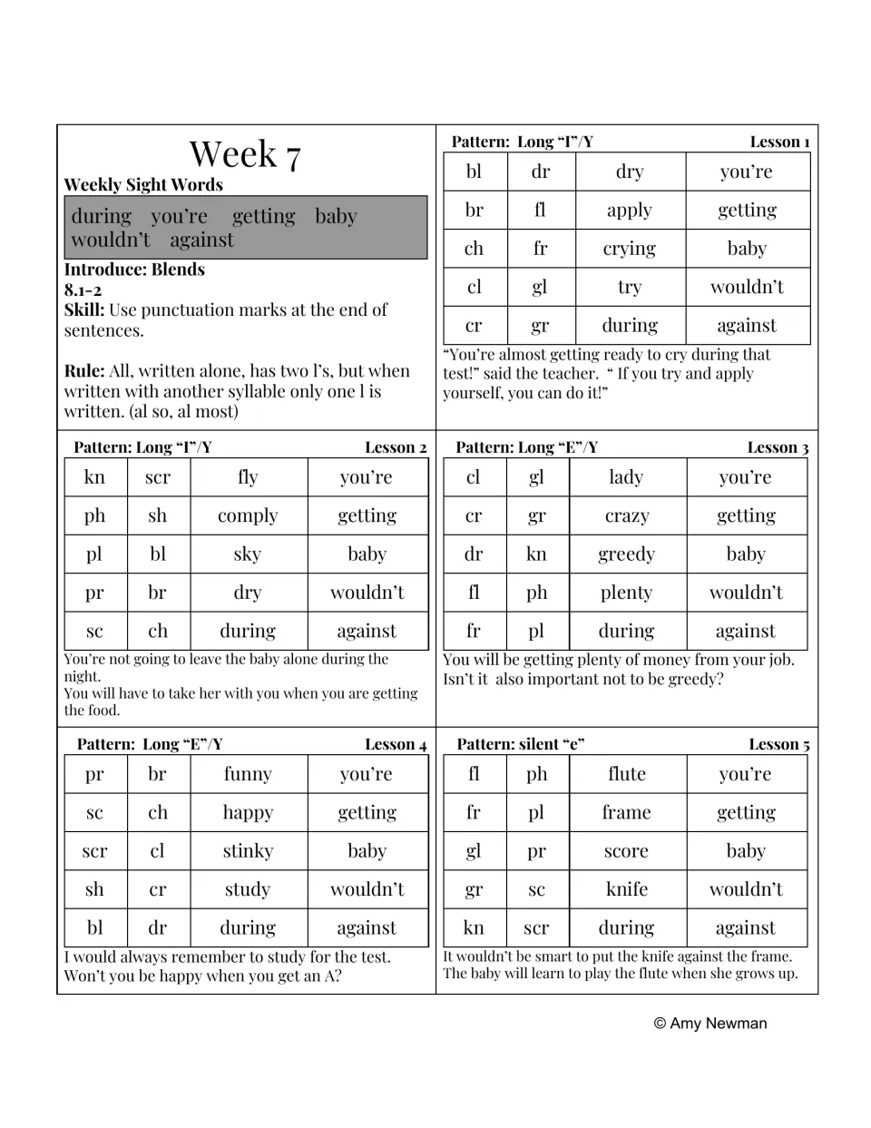 Week 7 phonics and dictation lessons: y spelling long i and long e, silent e, and sentence punctuation