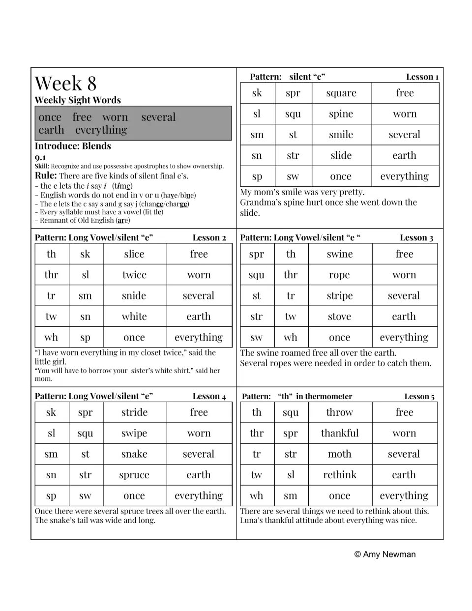 Week 8 phonics and dictation lessons: silent e, long vowels, th as in thermometer, and possessive apostrophes