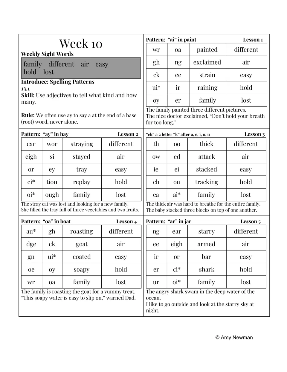Week 10 phonics and dictation lessons: ai, ay, ck, oa, and ar patterns, plus adjectives for kind and number
