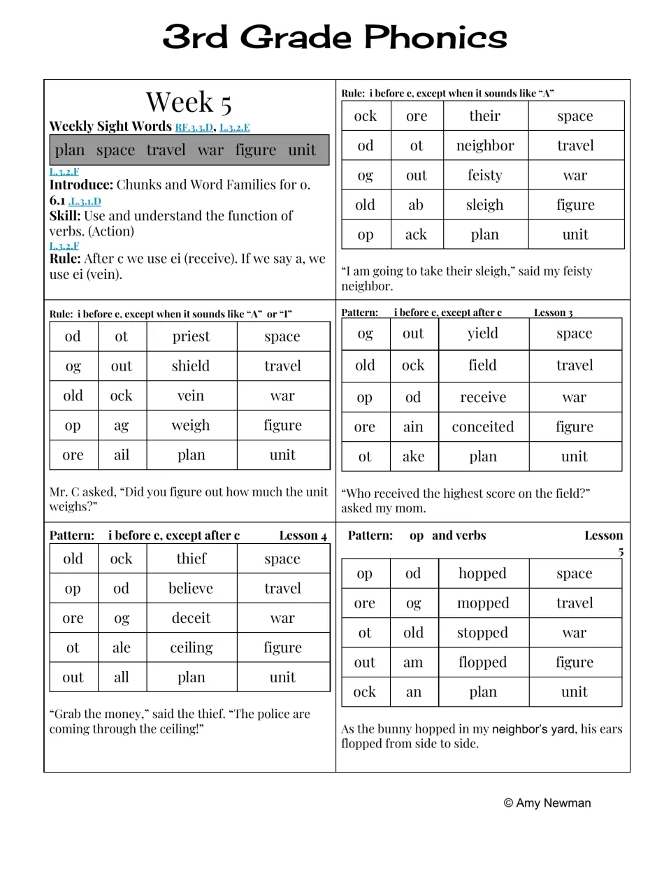 Week 5 phonics lessons feature ie and ei spellings, action verbs, and op words such as hopped and mopped.
