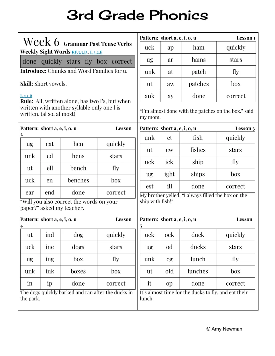 Week 6 phonics lessons review short vowels using ham, hen, fish, dog, and duck, plus their plural forms.