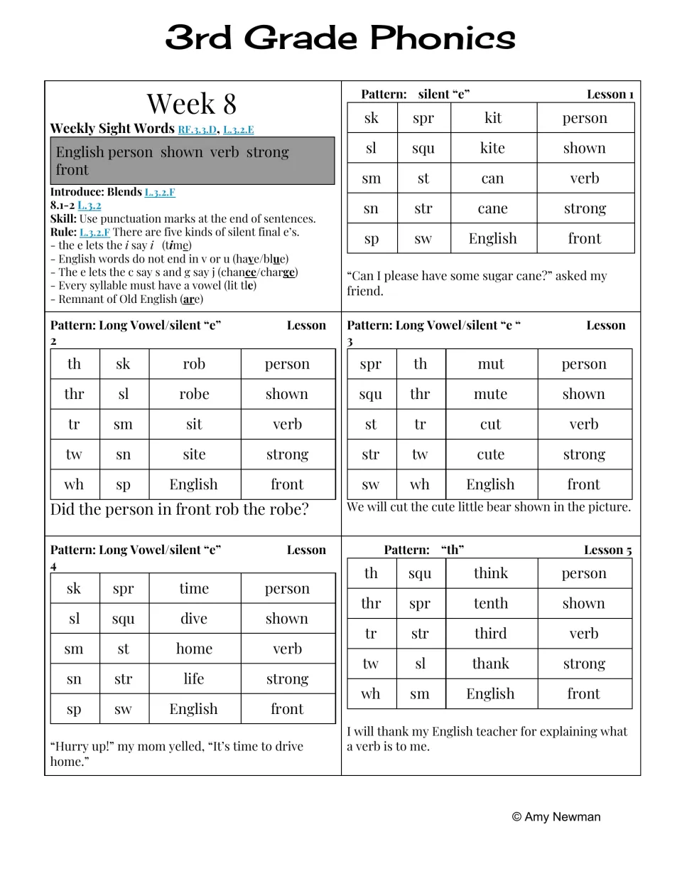 Week 8 phonics lessons cover silent e and th, with kit/kite, can/cane, think, and sentence punctuation.