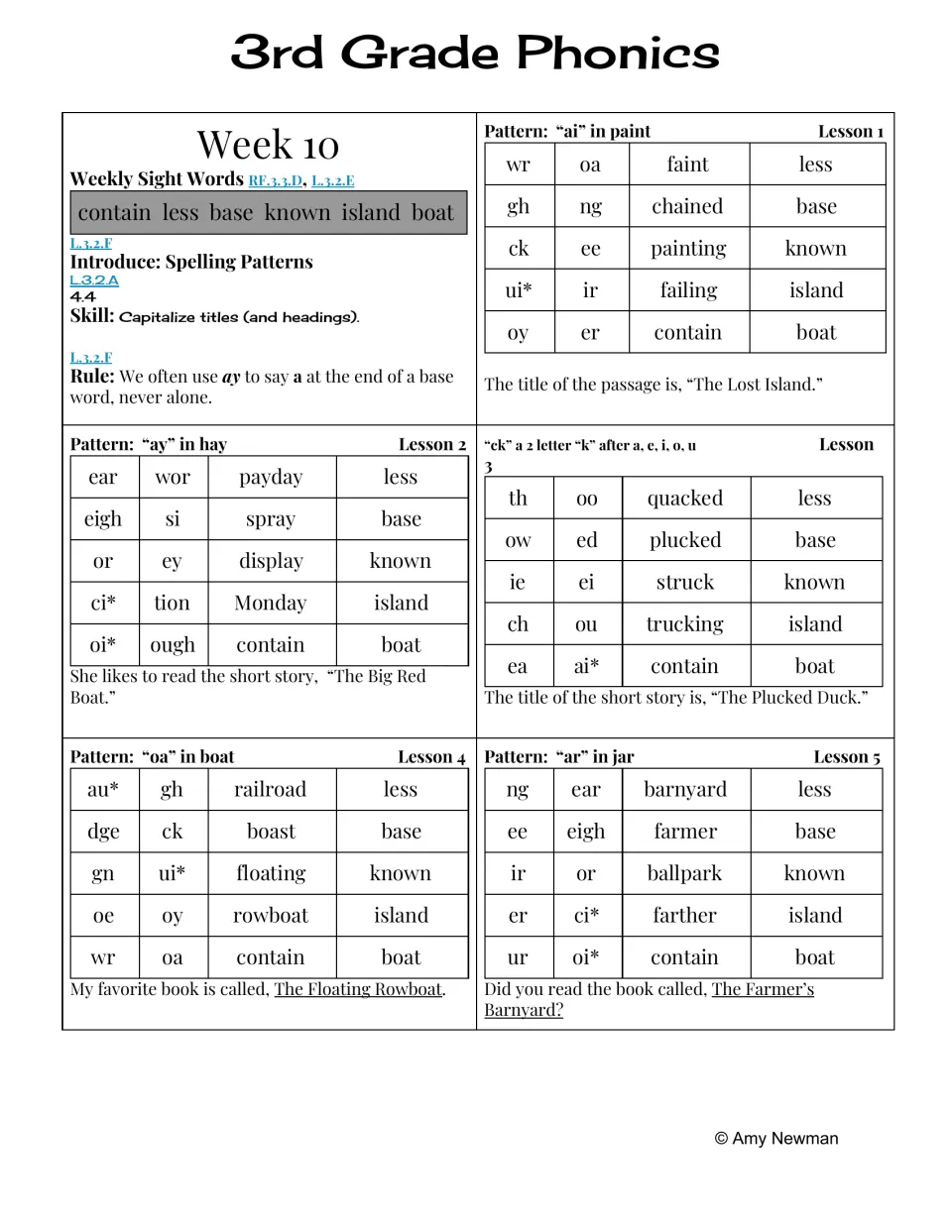 Week 10 phonics lessons cover ai, ay, ck, oa, and ar, with words such as faint and payday, plus title capitals.