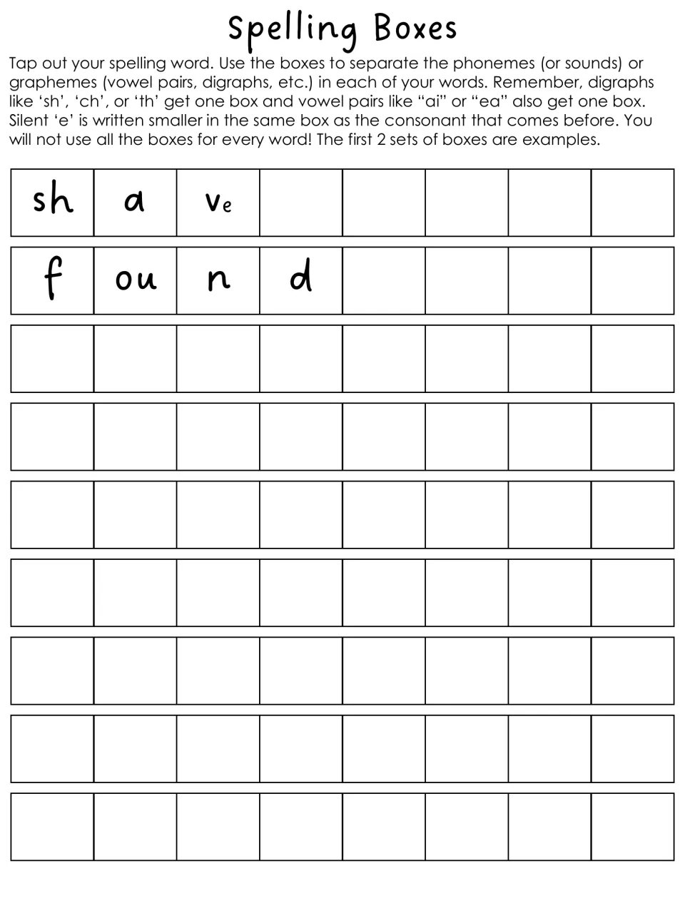 Spelling Boxes: students tap out each word and write one sound or grapheme per box, with examples shave and found