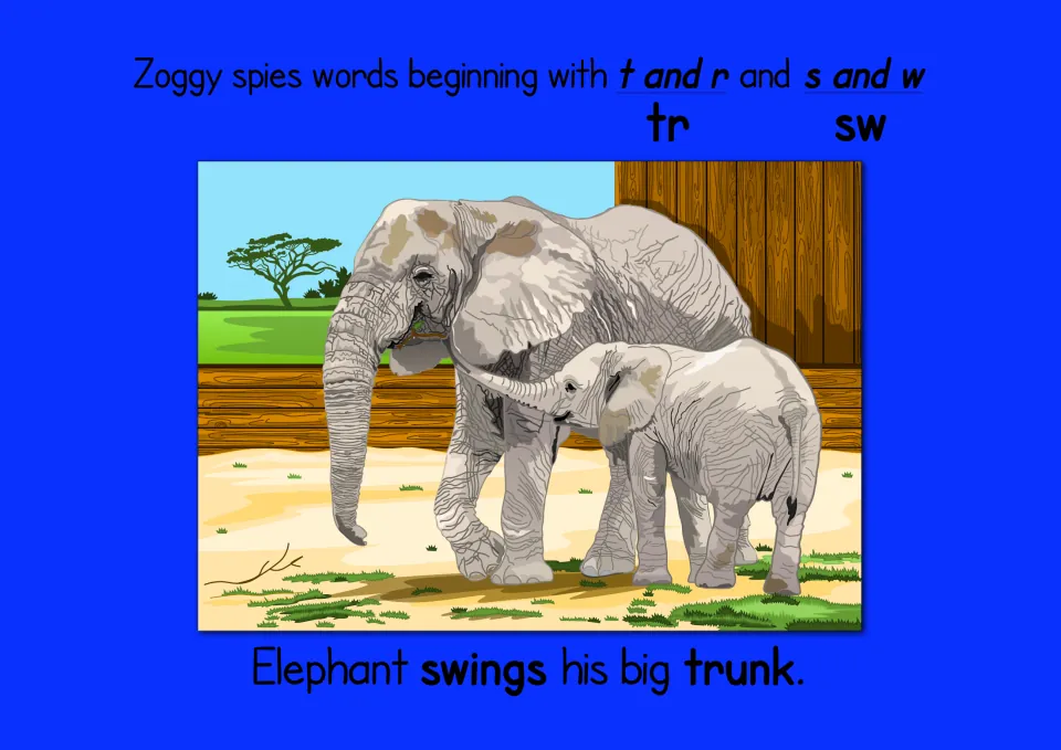 Blends tr and sw: students read 'Elephant swings his big trunk.' under a picture of an adult elephant with its calf