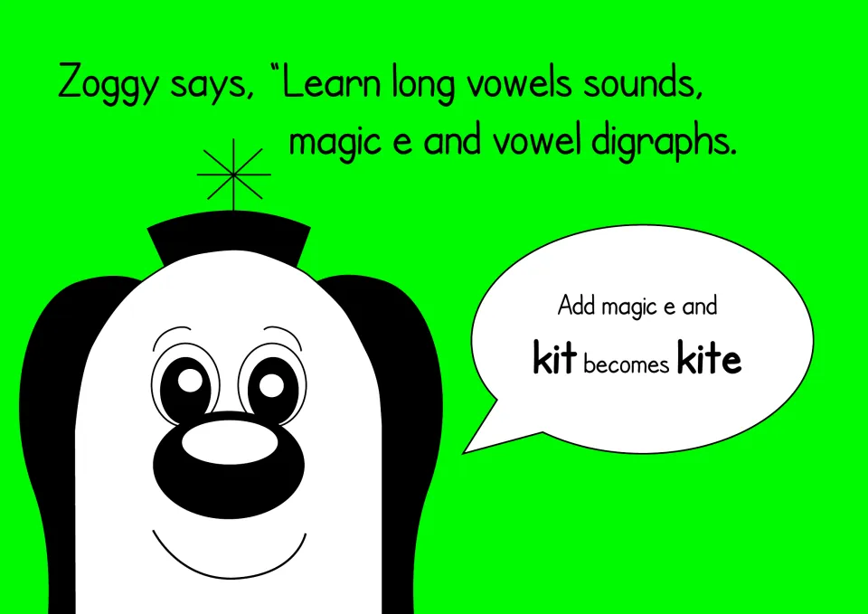 Long vowels and magic e intro: Zoggy says to learn long vowel sounds and digraphs; speech bubble shows kit becomes kite