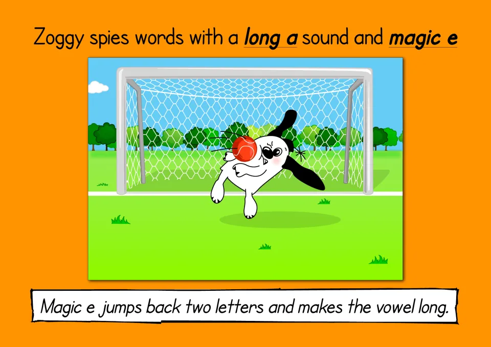 Long a with magic e: Zoggy blocks a ball in goal; the rule says magic e jumps back two letters to make the vowel long