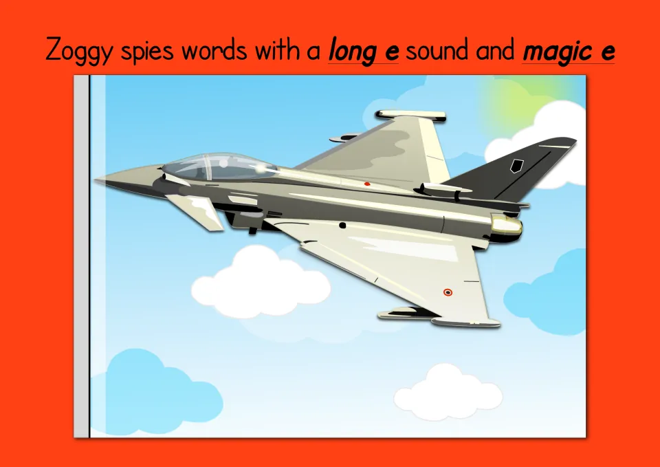 Long e with magic e: a grey fighter jet flies among clouds, a picture to talk about before spotting e-e words