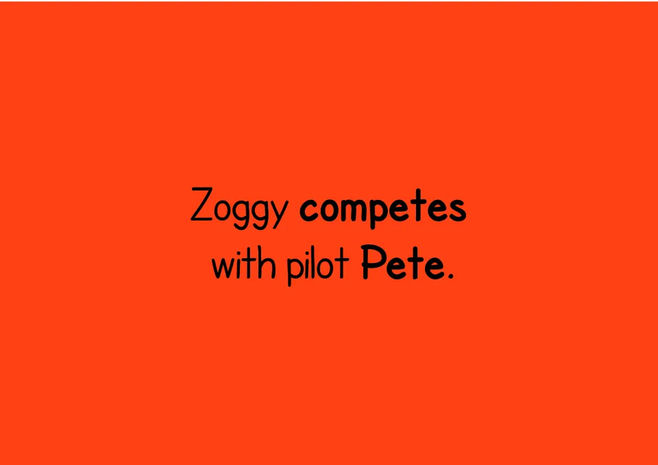 Long e story sentence: Zoggy competes with pilot Pete, with the e-e words competes and Pete in bold for students to read
