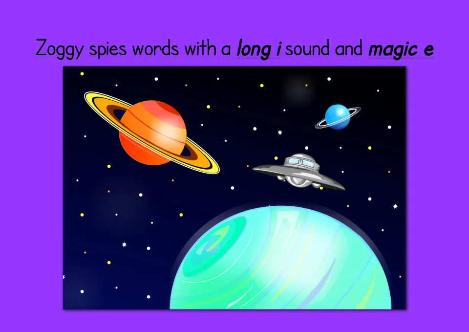 Long i with magic e: a flying saucer passes a ringed orange planet and a large green planet in a starry sky