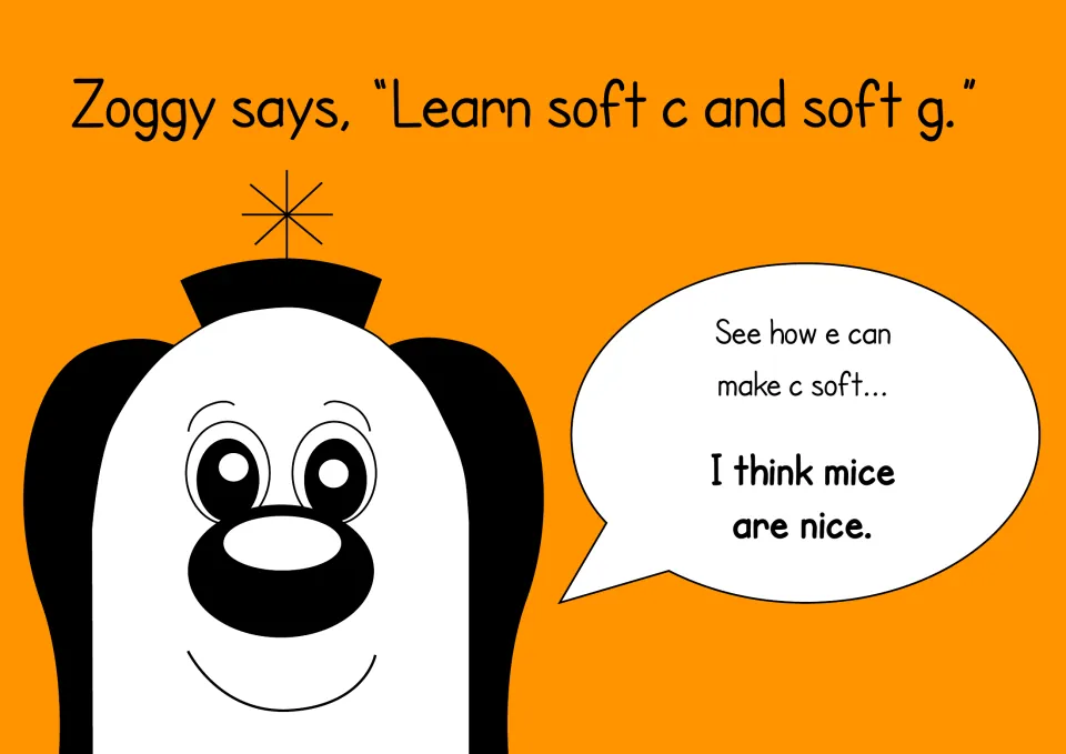 Soft c and soft g intro: Zoggy explains that e can make c soft, with the example sentence "I think mice are nice."