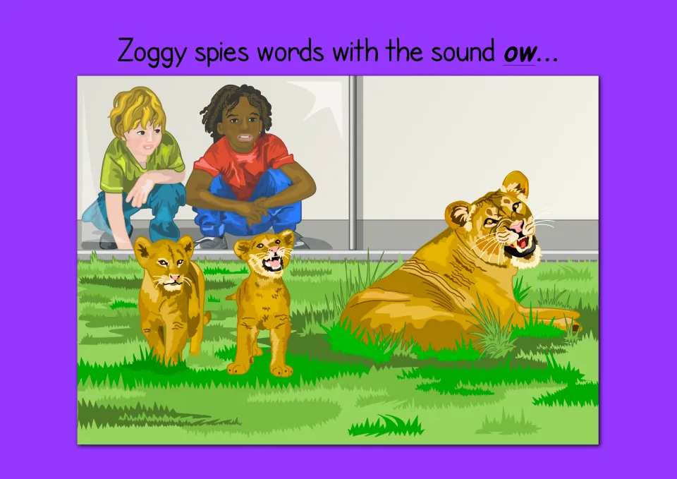 Words with the ow sound: picture of two children watching a lioness and two lion cubs in a zoo enclosure