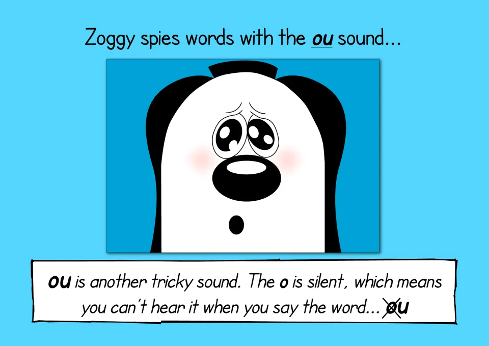 Words with the ou sound: a worried Zoggy, with a note that in ou the o is silent and you can't hear it in the word