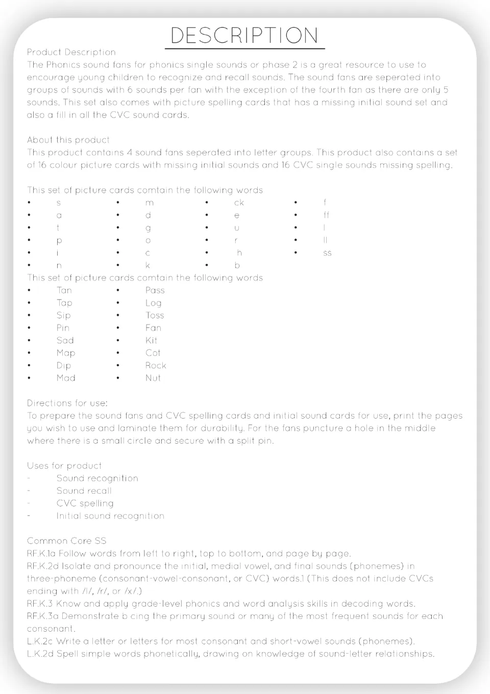 Product description listing the fan letter groups, the 16 picture words, directions for use and Common Core codes