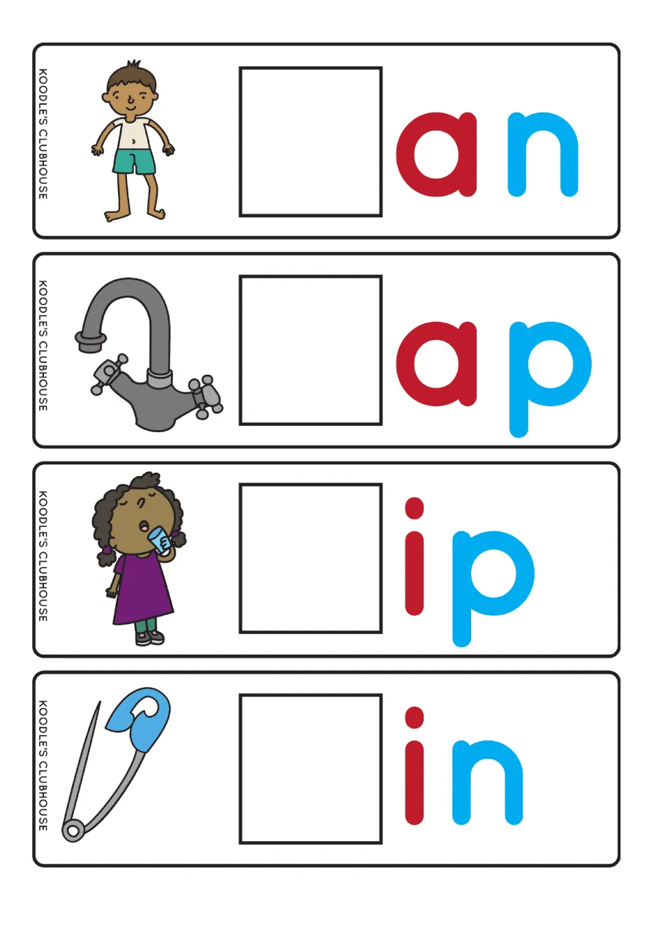 Initial sound cards for tan, tap, sip and pin: students write the missing first letter beside each picture