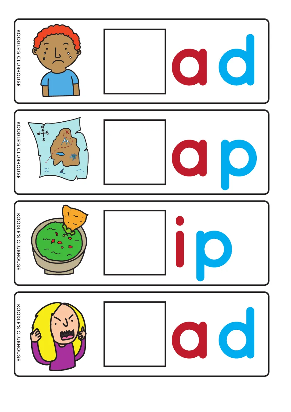 Missing first sound cards for sad, map, dip and mad: students identify each picture and write the opening letter