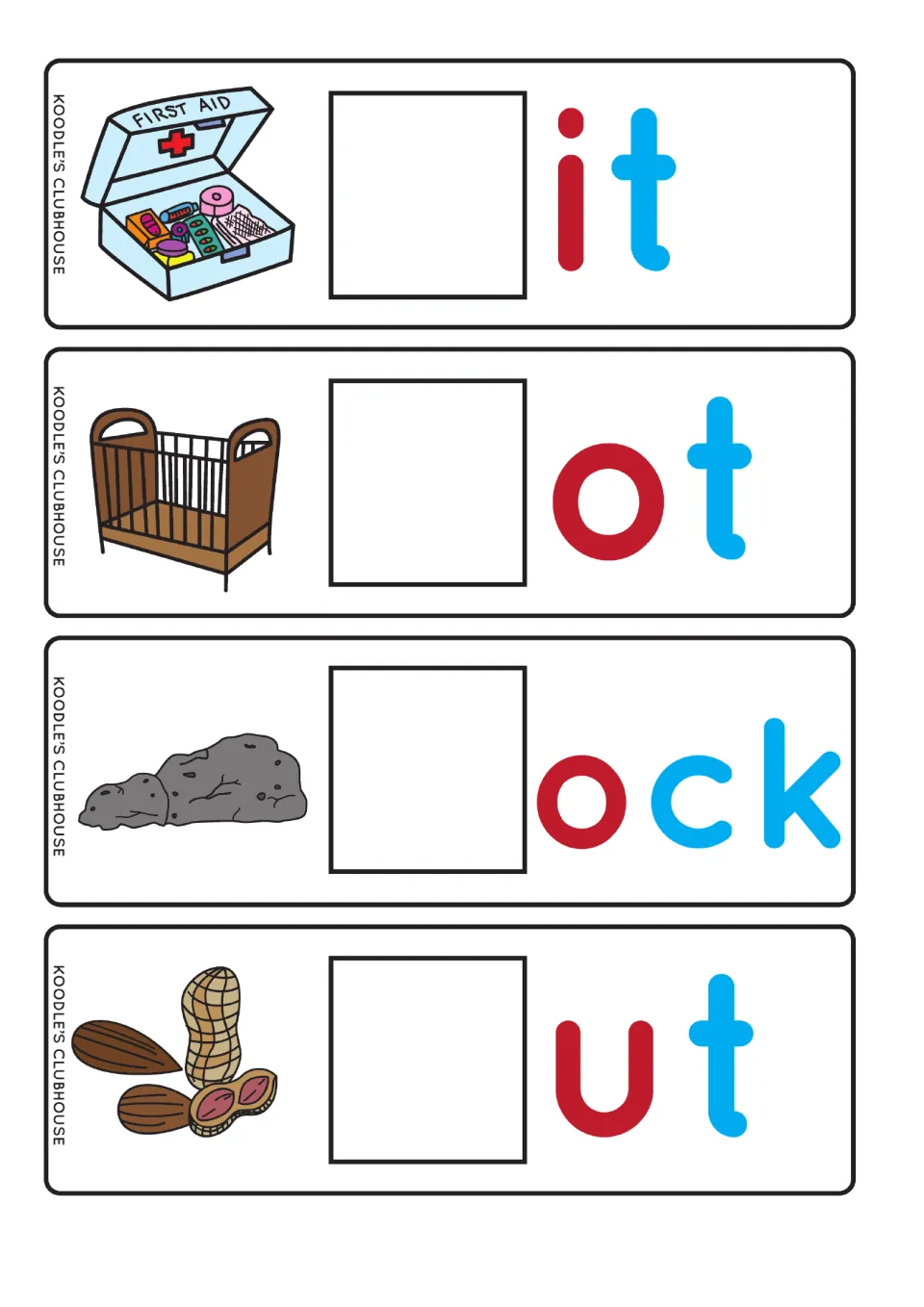 CVC beginning-sound cards for kit, cot, rock and nut: students name the picture and fill in the first letter
