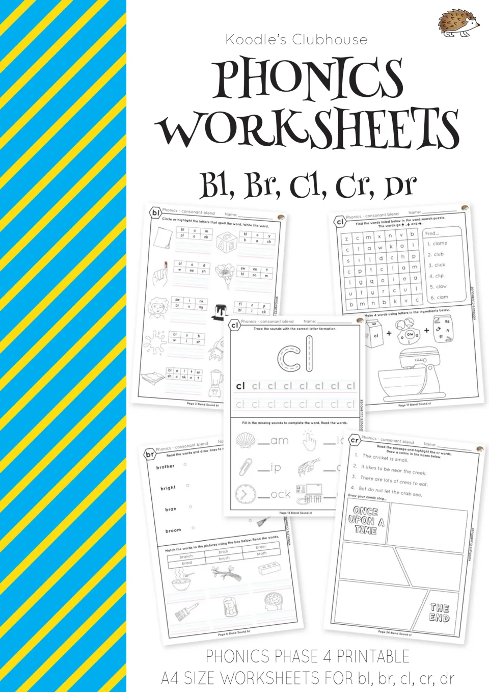 Phonics worksheet cover identifying the bl, br, cl, cr, and dr blends and showing sample activity pages
