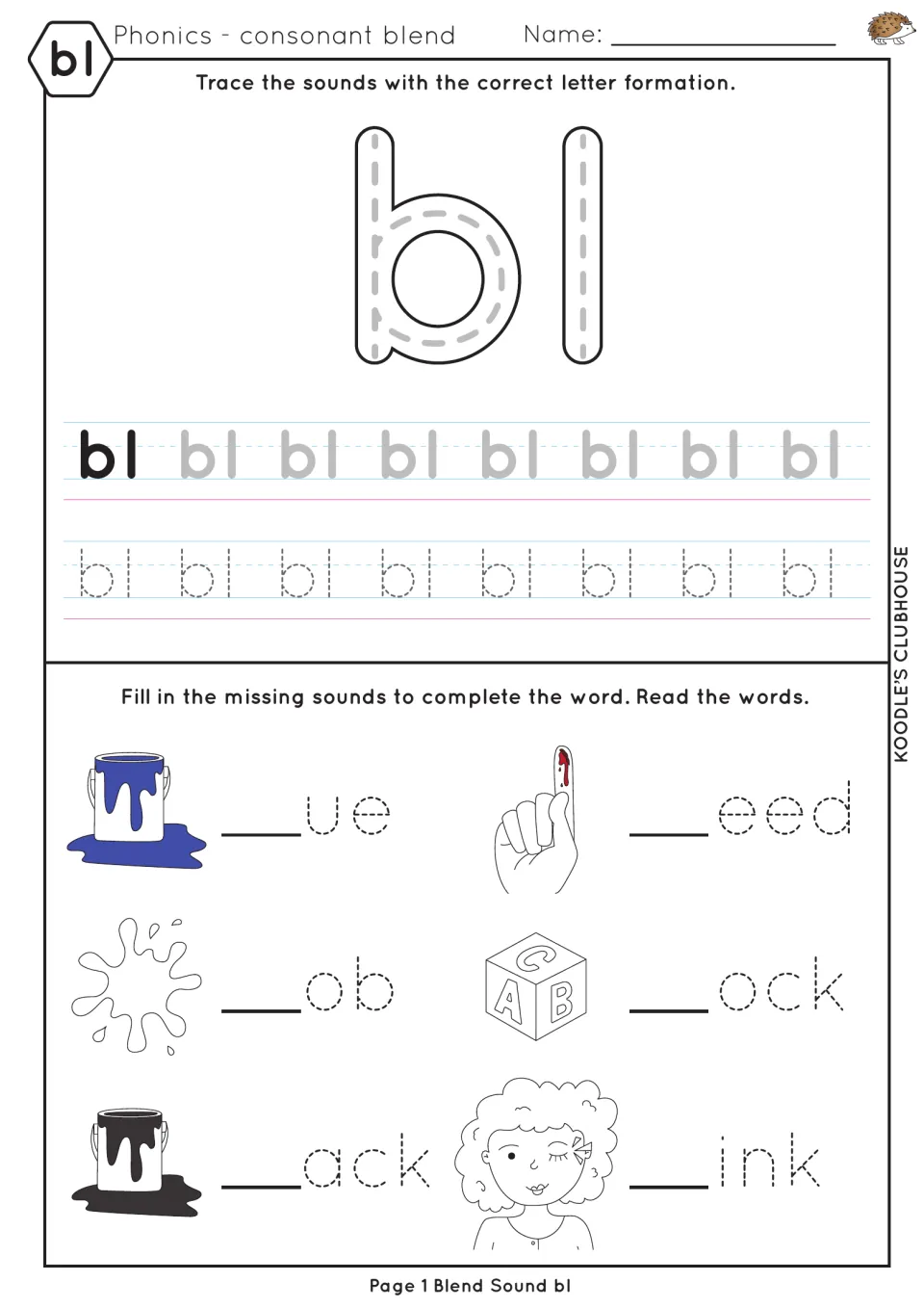 bl practice sheet for lowercase tracing and completing blue, bleed, blob, block, black, and blink