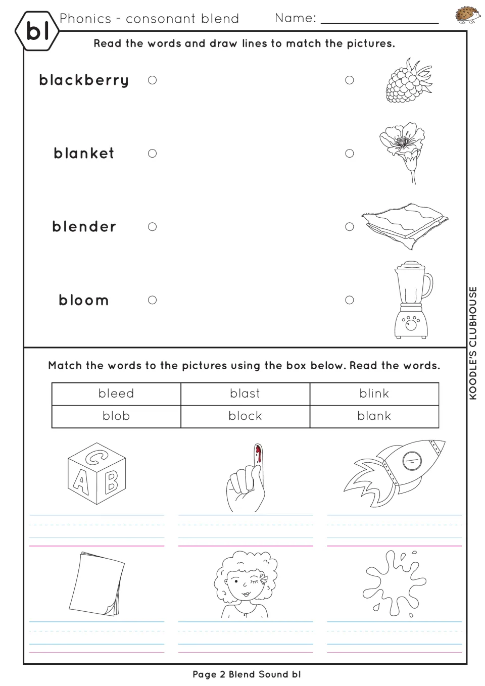 bl matching practice using blackberry, blanket, blender, and bloom, followed by six picture-labeling words