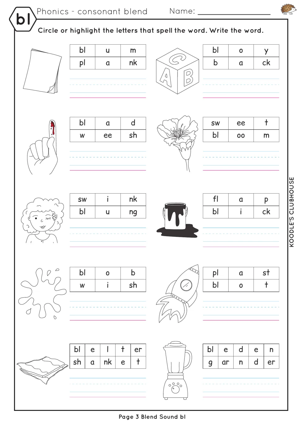 bl spelling practice asking students to select letters and write ten pictured words, including blank and block