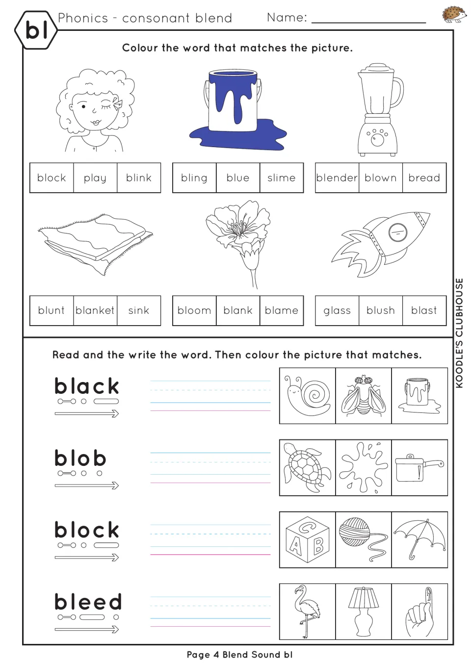 bl reading practice for coloring matching words and copying black, blob, block, and bleed to match pictures