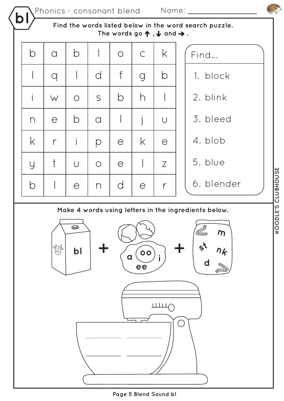 bl word search for block, blink, bleed, blob, blue, and blender, followed by a four-word building activity