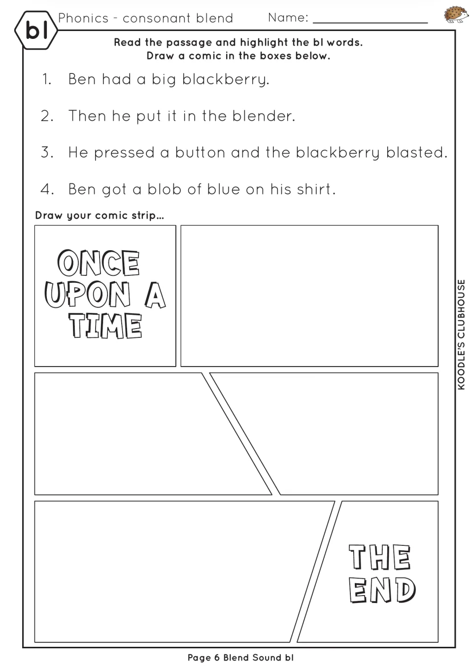 bl passage about Ben blending a blackberry, with instructions to highlight bl words and draw a comic strip