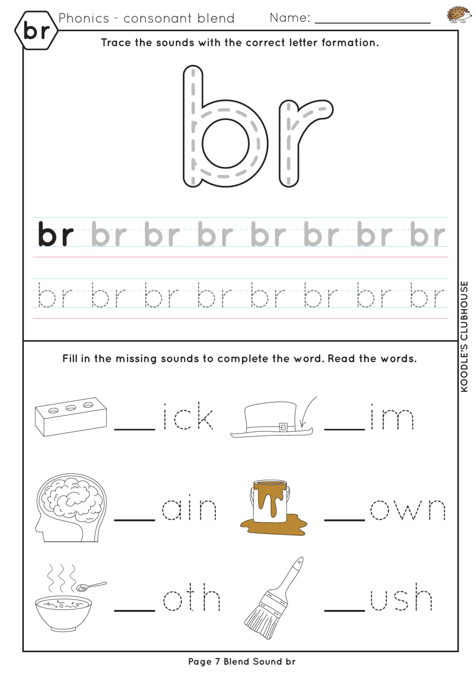 br practice sheet for lowercase tracing and completing brick, brim, brain, brown, broth, and brush