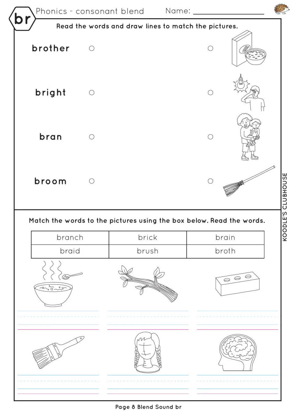 br matching practice using brother, bright, bran, and broom, followed by six picture-labeling words