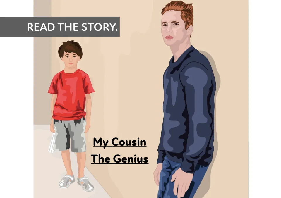 Story title page for My Cousin The Genius: Read the story heading over a drawing of a boy in red beside an older teen