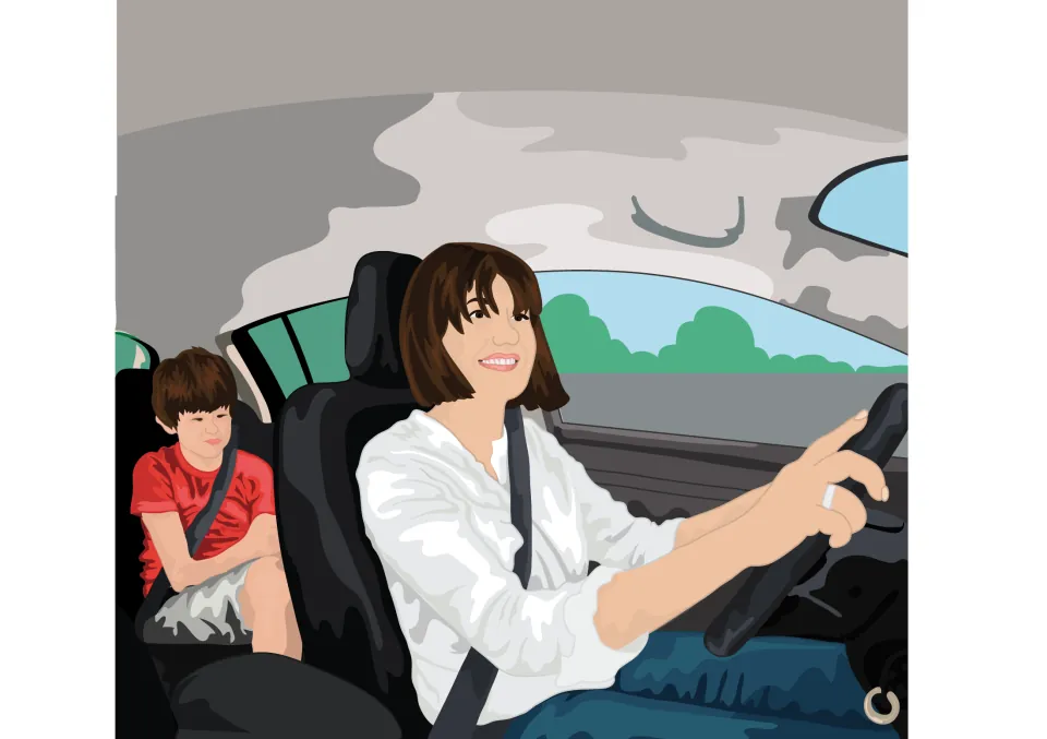 Story illustration: Mum smiles while driving the car as Sam sits in the back seat with his arms folded, looking glum