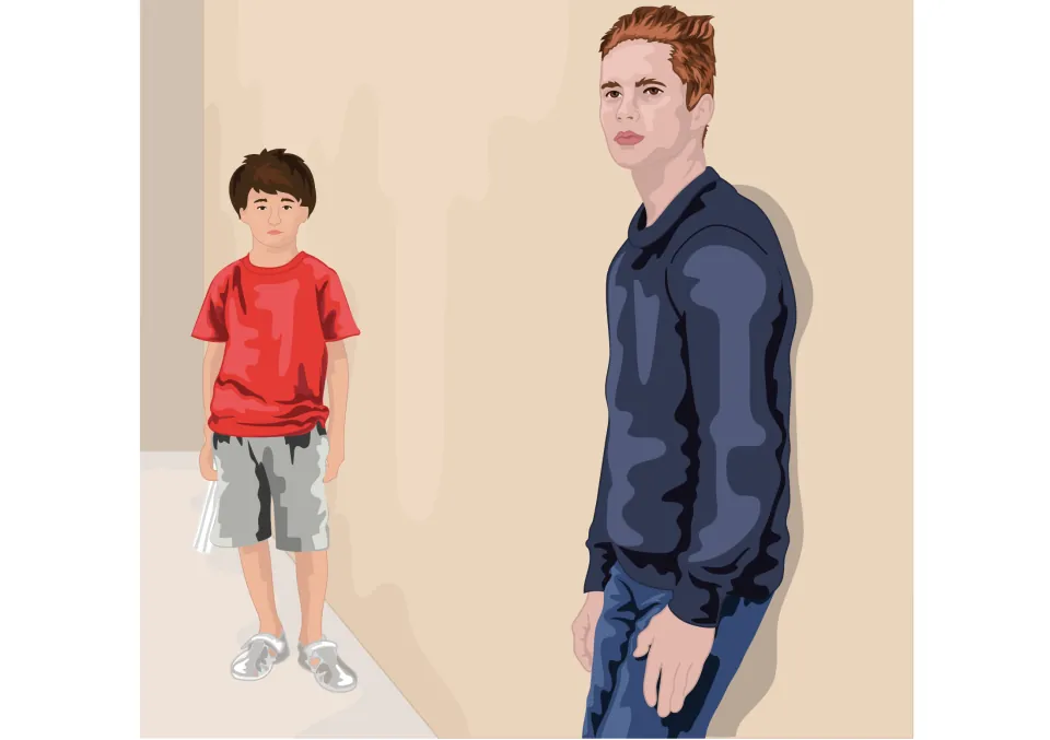 Story illustration: young Sam in a red T-shirt stands back against the wall while his tall older cousin looks away