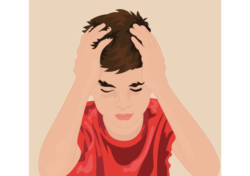 Story illustration: Sam in his red T-shirt holds his head in both hands with eyes shut, showing his stress and worry