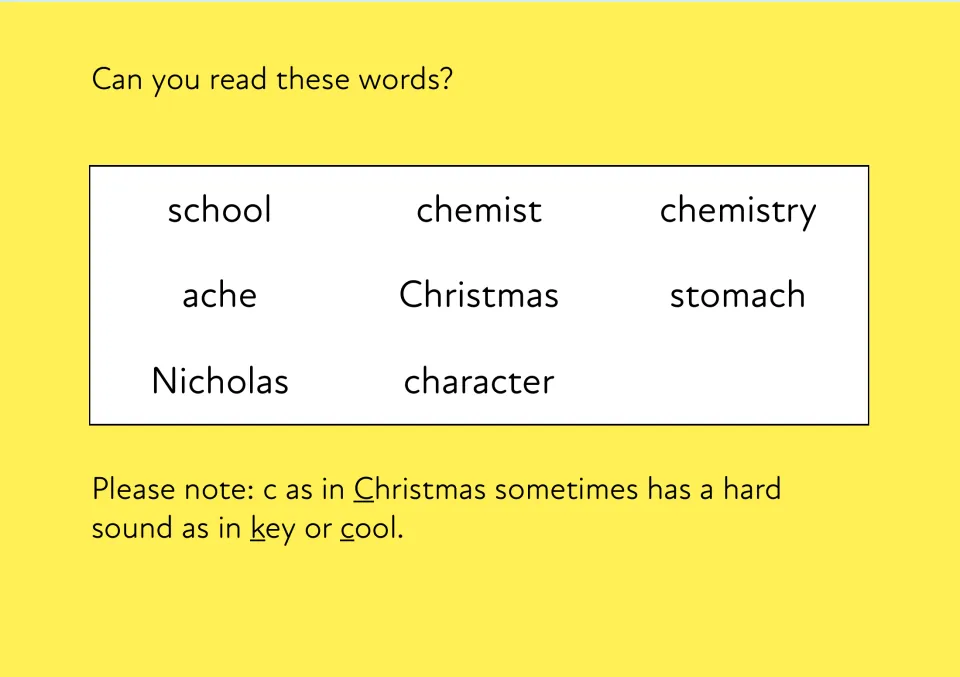 ch as k word reading: school, chemist, chemistry, ache, Christmas, stomach, Nicholas, character, with a hard c sound note
