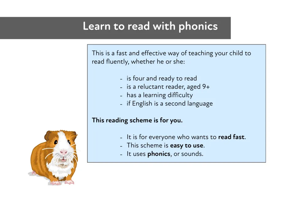 Learn to read with phonics: note listing who the reading scheme is for, such as readers aged four or learners of English