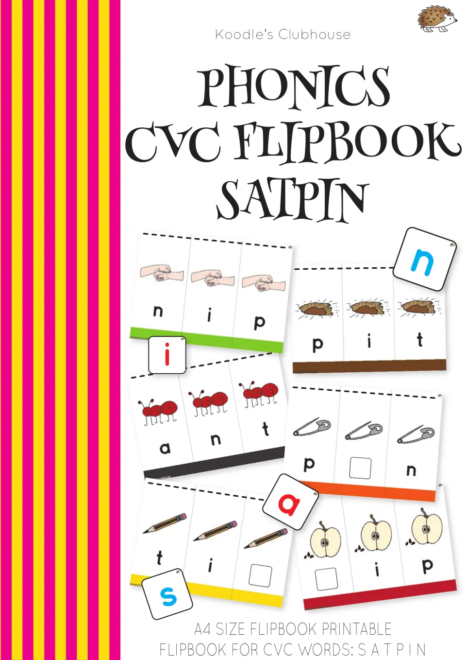 Phonics CVC Flipbook SATPIN cover showing reading and missing-letter flipbooks with movable letter tiles