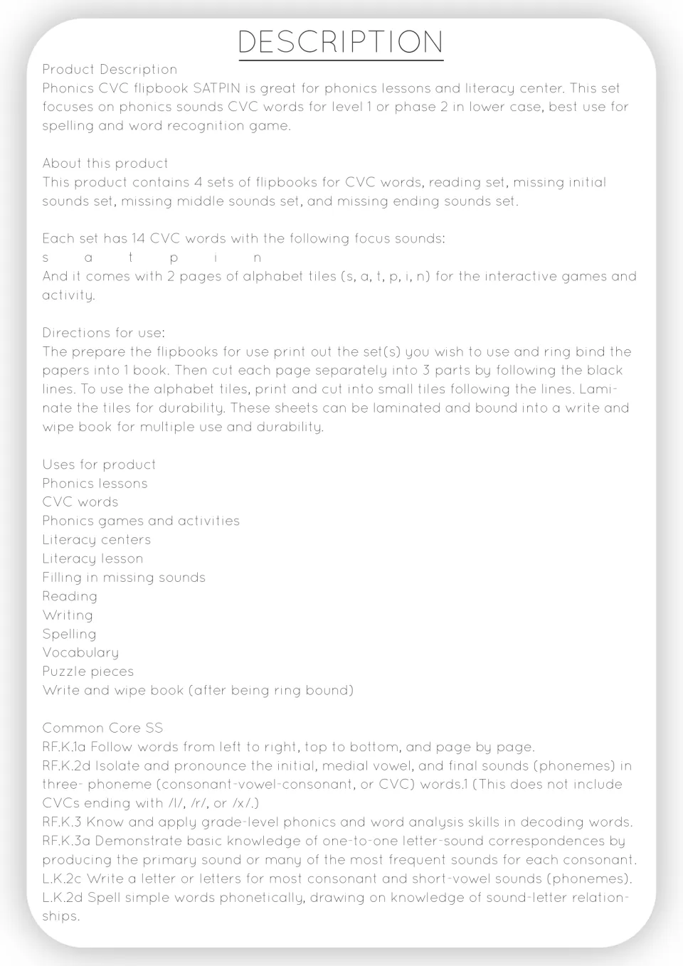 Flipbook description and preparation directions for four 14-word sets, alphabet tiles, and phonics practice