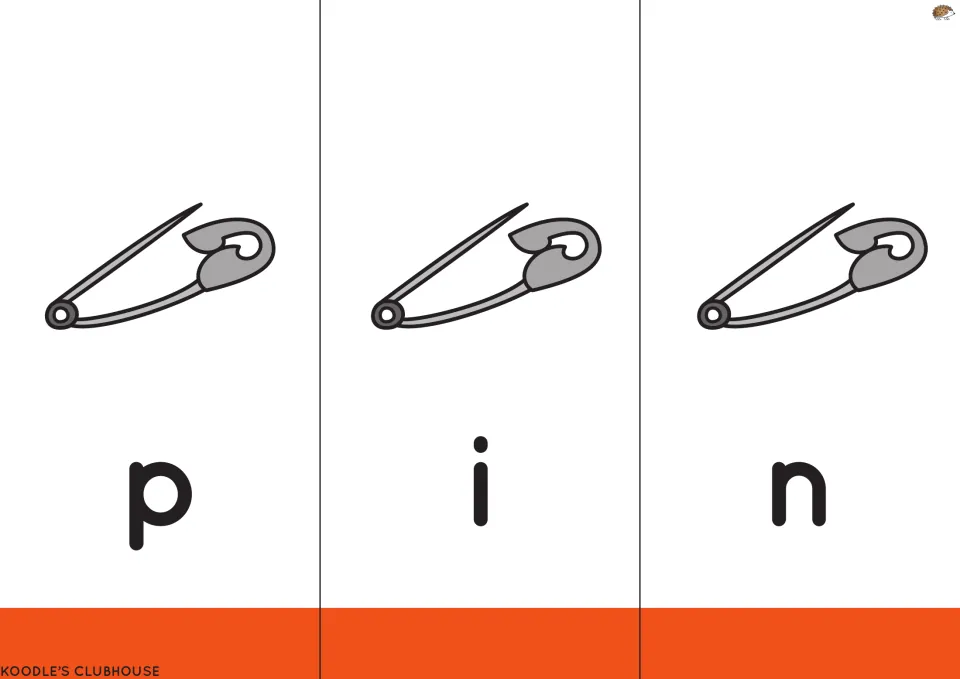 Reading-set flipbook word pin: letters p, i, n paired with safety pin pictures for three letter flaps