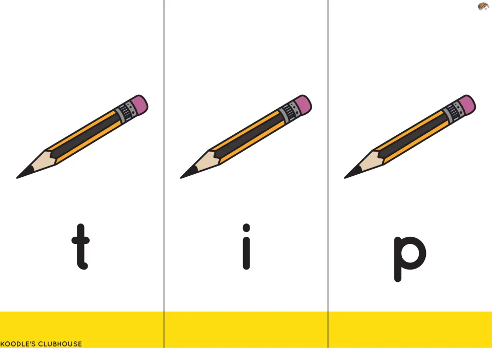 Reading-set flipbook word tip: letters t, i, p paired with pointed pencil pictures for three letter flaps