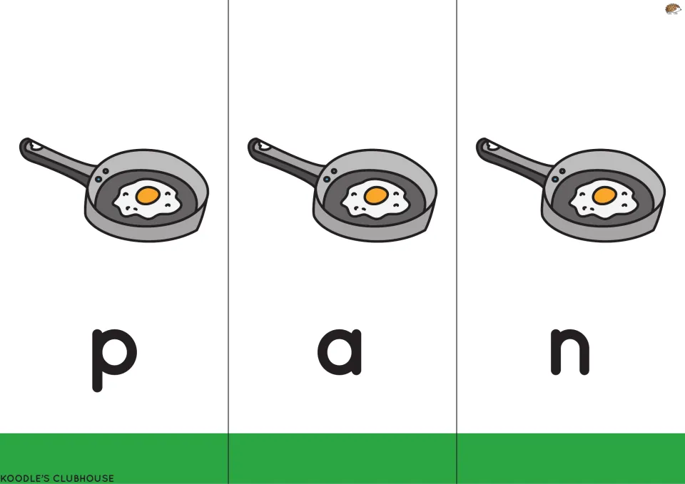 Reading-set flipbook word pan: letters p, a, n paired with frying pans holding eggs for three letter flaps