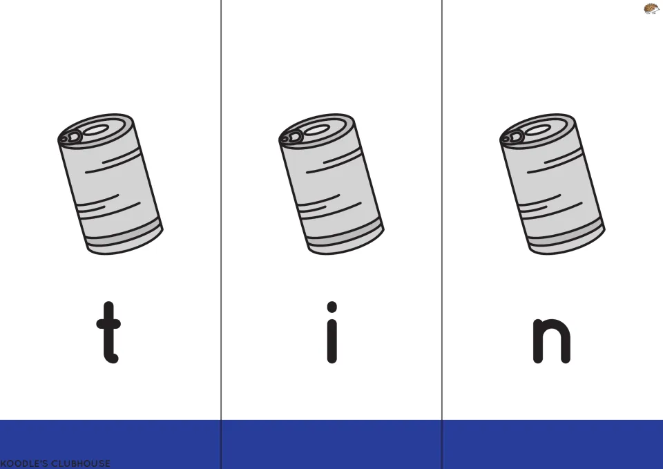 Reading-set flipbook word tin: letters t, i, n paired with pictures of a metal can for three letter flaps