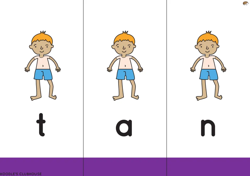 Reading-set flipbook word tan: letters t, a, n paired with a boy wearing blue shorts for three letter flaps